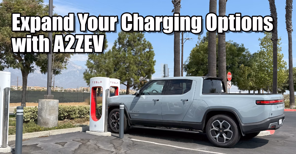 Rivian R1T charging at Tesla Supercharger