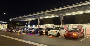 Tesla lined up at Rove Charging during Halloween event
