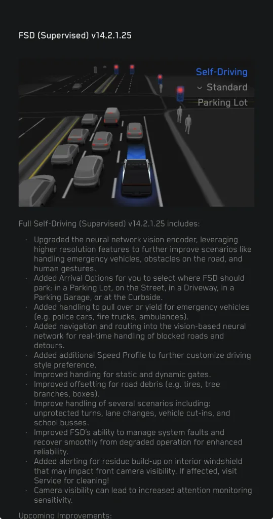 Digital car driving visualization with FSD v14.2.1.25 release notes below.