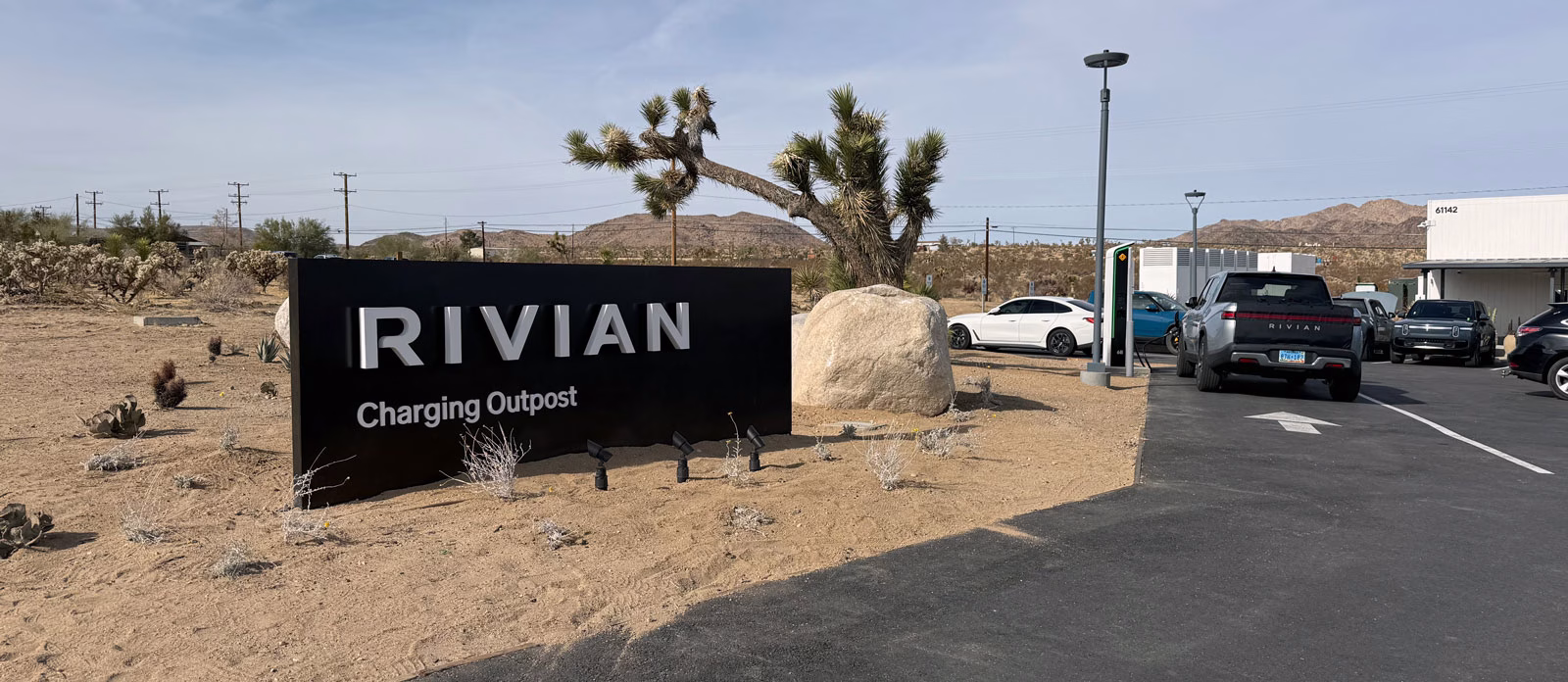 Front of Joshua Tree Rivian Charging Outpost