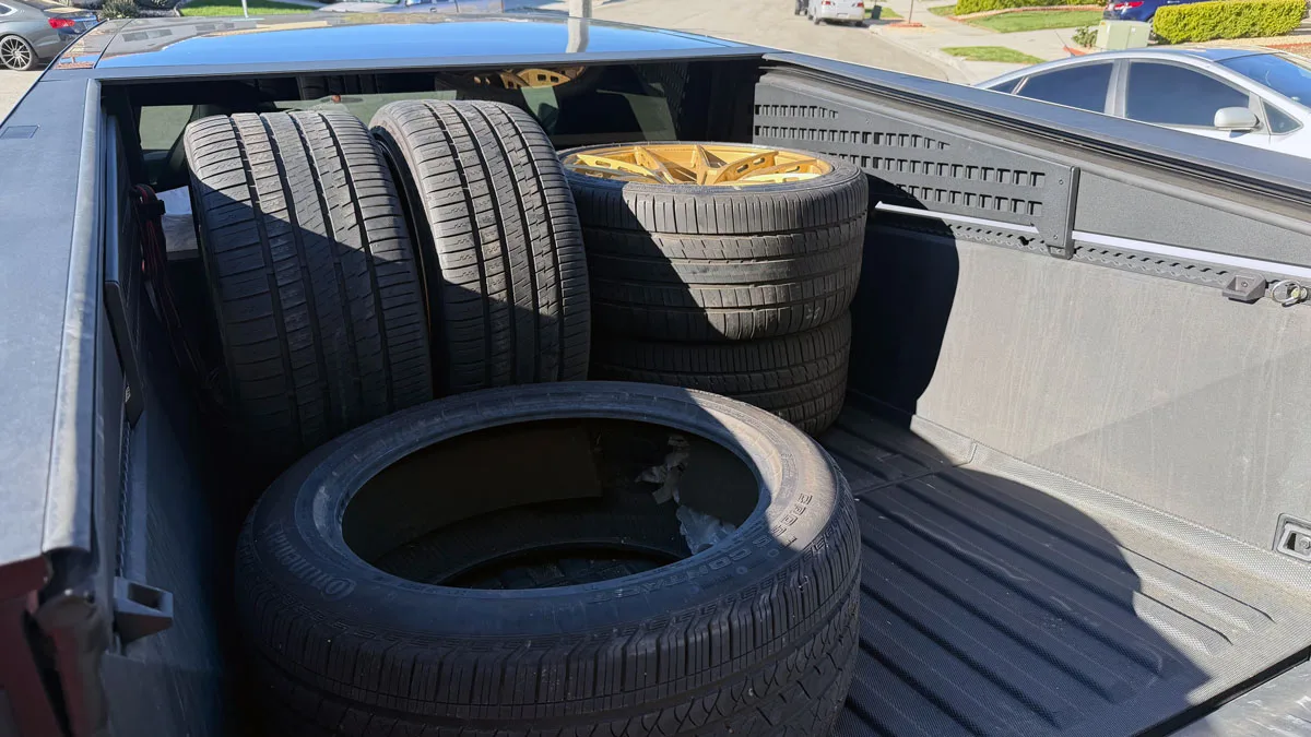 Wheels and tires on the back of a Cybertruck