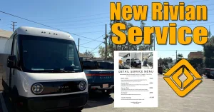 Parked Rivian vehicles in a parking lot