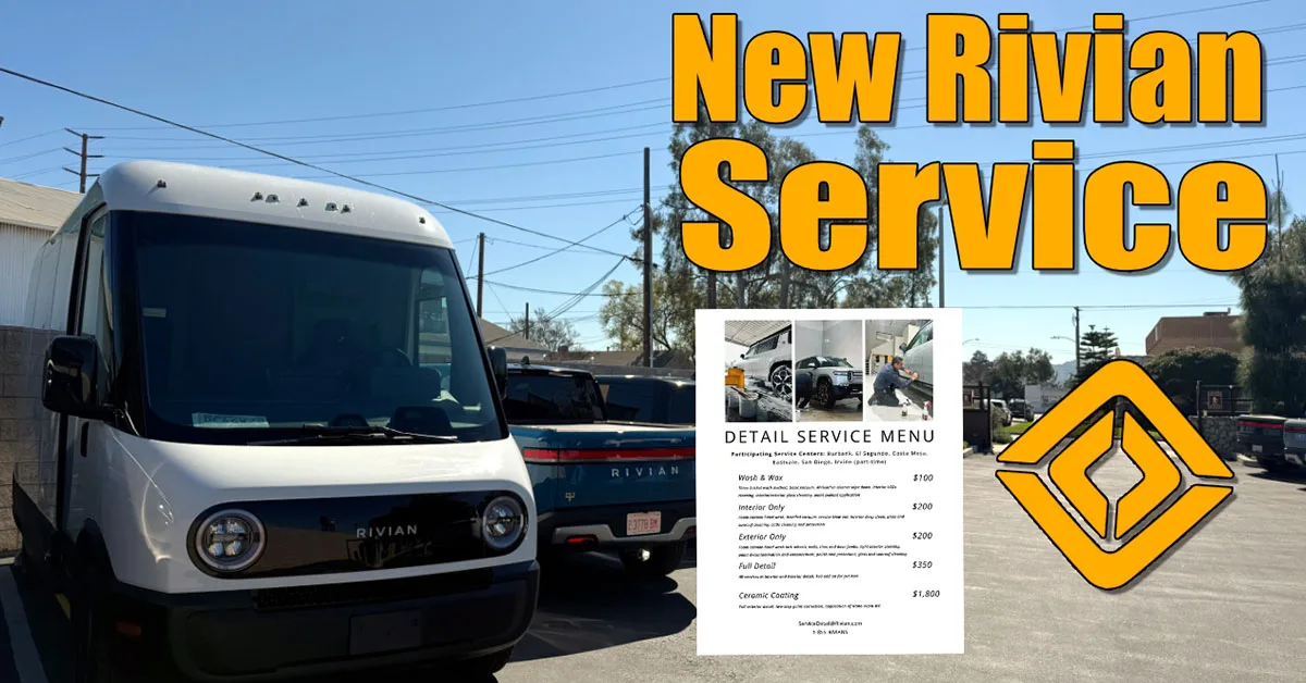 Parked Rivian vehicles in a parking lot
