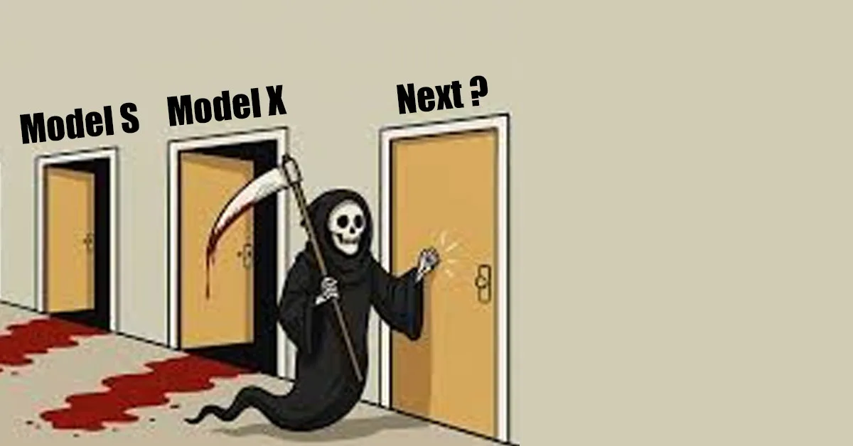 grim reaper knocking on door with model s and x