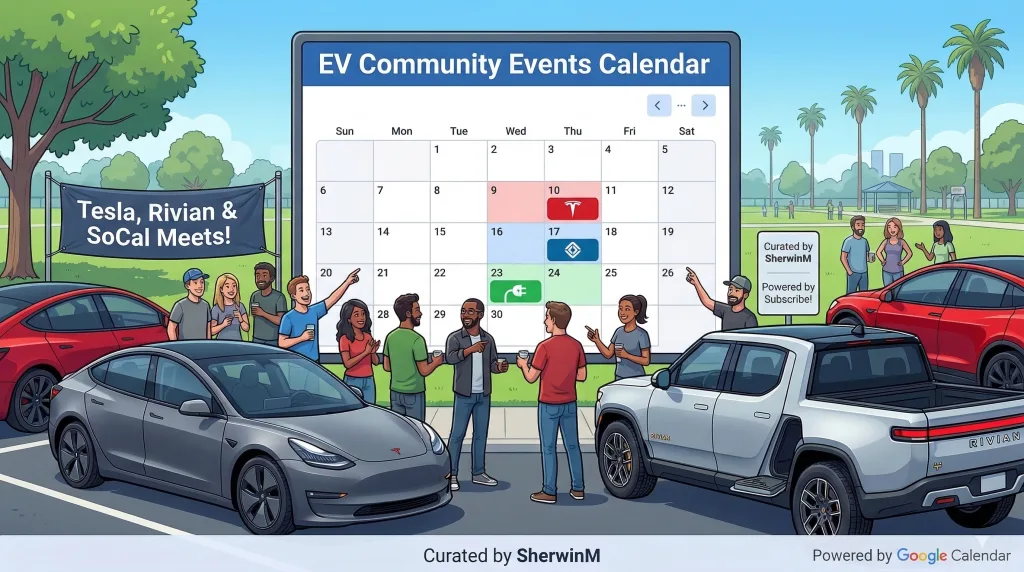 Illustration of a community EV meetup in SoCal featuring a gray Tesla Model 3 and a silver Rivian R1S parked near a large digital events calendar.