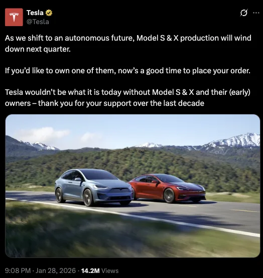 Tesla X post about Model S and X discontinue